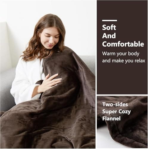 Tefici Electric Heated Blanket Throw, Super Cozy Soft 2-Layer Flannel 50" x 60" Heated Throw with 3 Heating Levels & 4 Hours Auto Off, Machine Washable, ETL&FCC Certified, Home Office Use,Brown 6