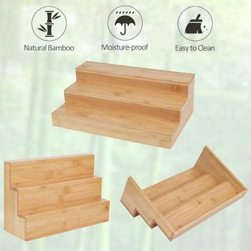 Bambition 2 Pack Bamboo Spice Rack Riser for Cabinet, 3 Tier Spice Stand Organizer for Kitchen Counter 7