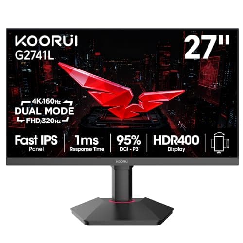 KOORUI 27 Inch 4K Gaming Monitor, Dual Mode(UHD 160Hz / FHD 320Hz), Fast IPS 2160p PC Monitor, 95% DCI-P3, HDR400, Eye-Care, Height/Pivot/Tilt Adjustability, VESA Mountable，HDMI 2.1/DP 1.4, G2741L