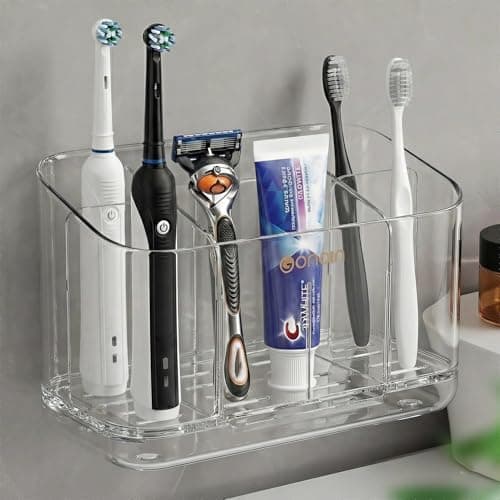 Toothbrush Holder for Bathroom Wall Mounted, 5 Slots Acrylic Toothbrush and Toothpaste Organizer Removable Dividers, Large Capacity Electric Toothbrush Holder for Family Bathroom Accessories, Clear