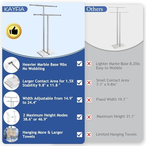 Kayfia 40" Standing Towel Rack with Weighted Marble Base, Width Adjustable & Taller Bathroom Towel Rack Stand, 2-Tier Towel Racks for Bathroom, Multiple Spaces Stainless Steel Brushed Finish 5