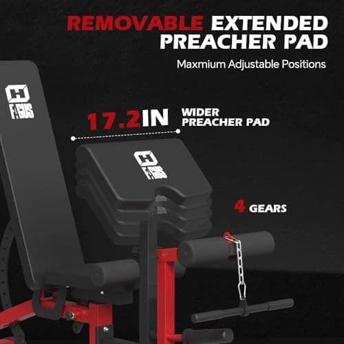 FAGUS H Adjustable Weight Bench, Heavy Duty Workout Bench Press with Leg Extension and Preacher Curl Pad for Home Gym Fitness, Flat Incline Decline Sit Up Bench, Red 5