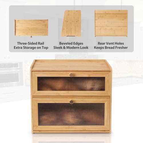 Rose and burlap Bamboo Bread Box 2 Tiered for Kitchen Counter-Large Capacity Wood Bread Basket Storage Container Bread Box with Window Bread Holder with Shelf Vitamin Bottle Storage 6