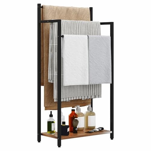 yeavs Freestanding Towel Rack, 3 Tier Blanket Ladder Stand with Rustic Brown Wooden Shelf for Bathroom Living Room (31.5”H x 16.9”W x7.9”D)