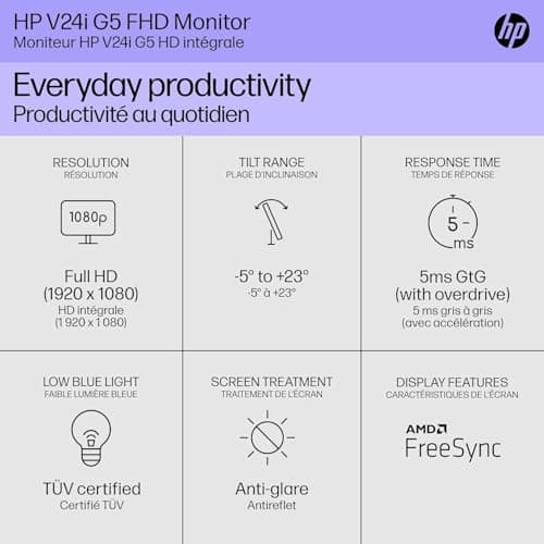 HP V24i G5 24 Inch Computer PC Monitor Full HD IPS 60Hz Refresh Rate 5ms Response Time 250 Nits Brightness AMD FreeSync Anti-Glare Low Blue Light, HDMI DisplayPort, Black (Renewed) 2