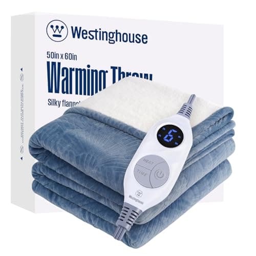 Westinghouse Electric Throw Blanket, Flannel Sherpa Heated Throw with 6 Heating Levels and 2-10 Hours Auto-Off, Flower Jacquard Heated Blanket, Fast Heating & ETL Certification, 50" x 60" Inch, Blue