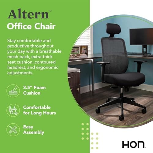HON Altern Ergonomic Office Chair with Headrest, Arms, Wheels, Foam Cushion Seat, Mid Back Home Office Desk Chair Comfy, Gaming Chair, Height Adjustable Arms, Synchro-Tilt, Seat-Slide, Black 4