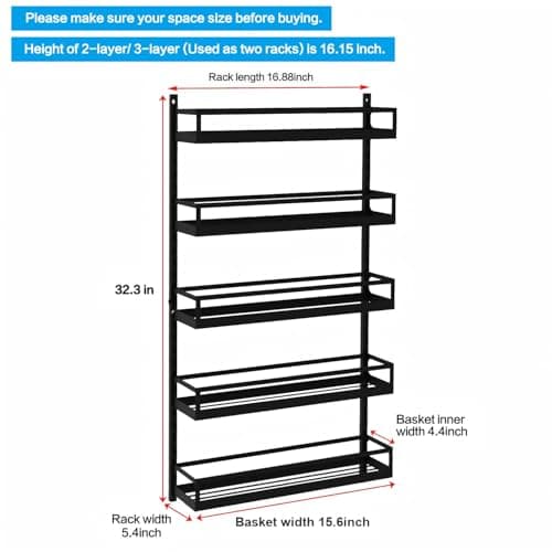 X-cosrack Wall Mount Spice Rack Organizer 5 Tier Height-Adjustable Hanging Spice Shelf Storage for Kitchen Pantry Cabinet, Dual-Use Seasoning Holder Rack with Hooks, Black-Patented 8