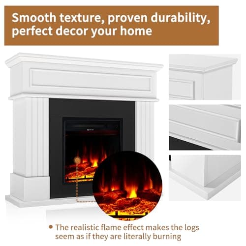 oneinmil Electric Fireplace with 43" Mantel, Farmhouse TV Stand with 18’’ Electric Fireplace Heater, 3D Realistic Flame, Fireplace for Bedroom, Living Room, White 5