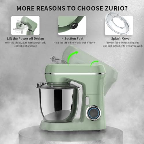 ZZR SEVEN Stand Mixer, 5.5 Quart, 10 Speed Tilt-Head Kitchen Mixer, Copper Motor, Household Food Mixer with Bowl, Flat Beater, Dough Hook, Egg Whisk (450W Green) 5