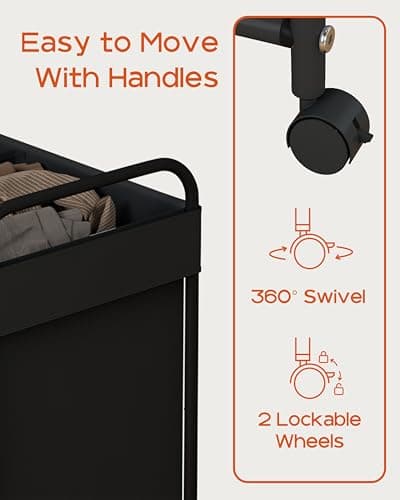 CASAMAYA Laundry Basket with Wheels, 2-Section Rolling Laundry Hamper, Laundry Sorter with Removable Liner, Steel Frame with Handle, 95L, 23.6 x 13 x 25.2 Inches, Black, LHC120B01 8