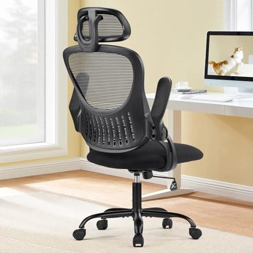 Sweetcrispy Home Office Desk Chair, Ergonomic High-Back Mesh Rolling Work Computer Chairs with Wheels and Adjustable Headrests, Comfortable Lumbar Support, Comfy Flip-up Arms for Bedroom, Study, Grey
