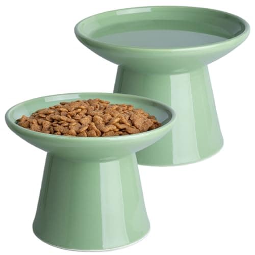 KITCHENLESTAR 6.2 Inch Extra Wide Elevated Ceramic Cat Bowls, Food and Water Bowl Set for Elder Big Cats Small Dogs, Raised Design for Pet Easy Eating, Protect Cat's Spine Set of 2(Light Green)