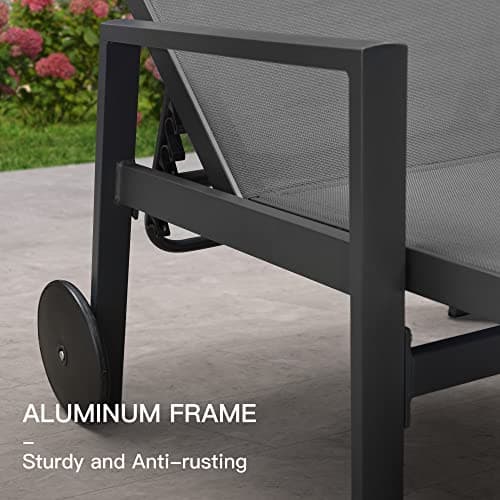 PURPLE LEAF 2 Pieces Outdoor Chaise Lounge Aluminum Patio Lounge Chair with Wheels and Armrests Outdoor Lounge Recliner Chair for Pool Backyard Beach Grey 8