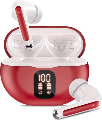 XIAOWTEK Wireless Earbuds 50H Playback LED Power Display Earphones with Wireless Charging Case, red