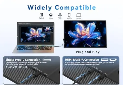 AOKER 16" Portable Monitor for Laptop - 1200P FHD, Horizontal Vertical with Detachable Kickstand, Built-in Speakers, Plug & Play, Travel External Screen for Wins Mac Chrome 6