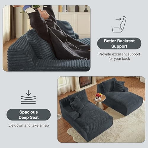 Tmsan 78.8" Oversized Boneless Double Chaise Lounge Sofa Indoor, Modern Compressed Corduroy Upholstered Sectional Cloud Couch Loveseat Sleeper Bed, Comfy Floor Chair for Living Room Apartment Office 4