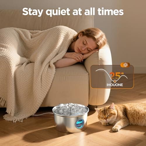 Stainless Steel Cat Water Fountain: 88oz/2.6L Ultra Quiet Pet Fountain with Flower Kitty Spout & LED Blue Light Water Dispenser with Water Level Window for Cats/Dogs Indoor (Silver) - IHOUONE 5