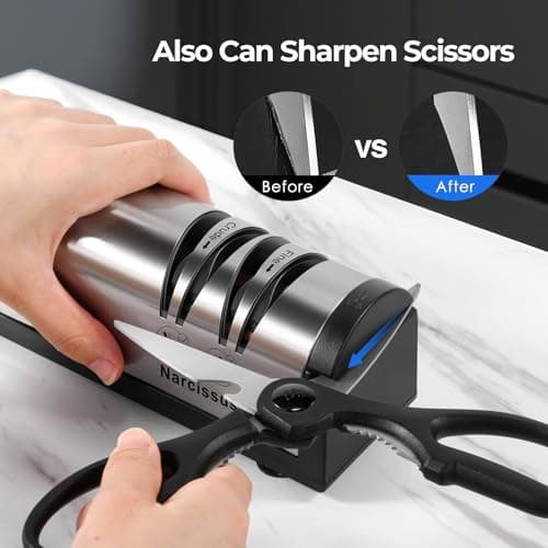 Narcissus Knife Sharpener, Professional 2 Stage Electric Knife Sharpener for Quick Sharpening & Polishing, with Scissors Sharpener and Metal Dust Collection Box, Stainless Steel, Silver 5