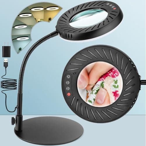 12X Magnifying Glass with Light and Stand, 5 Color Modes Stepless Dimmable LED Desk Lamp, Adjustable Flexible Gooseneck Lighted Magnifier Hands Free for Close Works, Crafts, Hobby, Reading, Painting