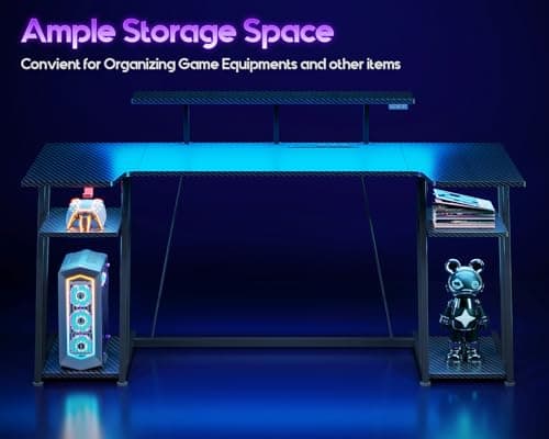 MOTPK U Shaped Gaming Desk with LED Lights, 60 Inch PC Desk with Storage Shelves, Monitor Stand & Headphone Hook, Carbon Fiber Texture, Black 5