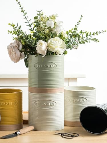 YHOSSEUN Utensil Holder for Kitchen Counter, Ceramic Cooking Utensil Holder for Countertop, 6.7in Oval Utensil Crock Spatula Holder Farmhouse Kitchen Decor, White 8