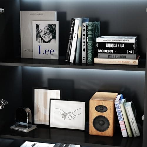 FAMAPY Display Cabinet with 2 Glass Doors and Lights, Display Case Cabinet with 4-Tier Storage Shelves and 2 Drawers, Pop-up Design, for Collectibles, Black (31.5”W x 14.2”D x 78.7”H) 6