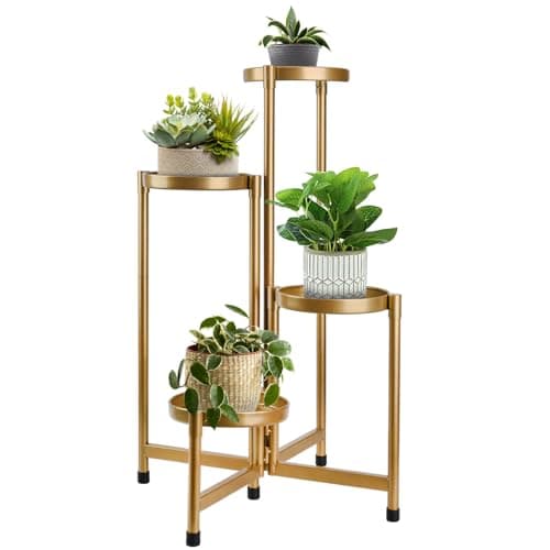 HOEGMST 4 Tier Plant Stand Indoor Outdoor, 31 Inch Tall Metal Plant Shelf Waterproof, Plant Holder with Folding Design For Home, Living Room, New Upgrate Gold