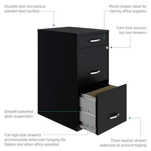 Hirsh Industries Space Solutions 18in Deep 3 Drawer Metal Organizer File Cabinet Black, Letter Size, Fully Assembled 5