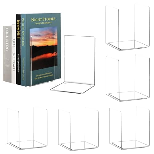 HappyHapi Acrylic Bookends for Shelves, 12 Pcs Clear Book Ends for Heavy Books, Decorative Book Holder for Home Library Office, 5 x 5 x 7.3 inch，6 Pair