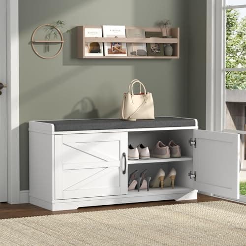 Loomie Shoe Storage Bench, 2-Tier Farmhouse Entryway Bench with Padded Seat Cushion, 13.78" D x 39.37" W x 19.69" H, Slim Shoe Cabinet Bench for Entryway, Living Room, Bedroom (White) 7