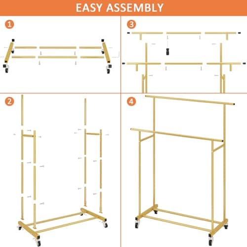 Calmootey Double Rod Clothing Garment Rack,Rolling Hanging Clothes Rack,Portable Clothes Organizer for Bedroom,Living Room,Clothing Store,Gold 9