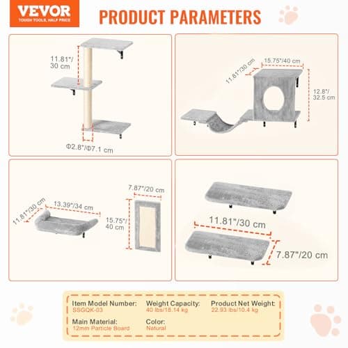 VEVOR Wall Mounted Cat Shelves, Perches with Jumping Boards, Hammock, Sofa, Cat Furniture and Shelves up to 40 lbs for Sleeping, Playing, Climbing, Set of 6 7