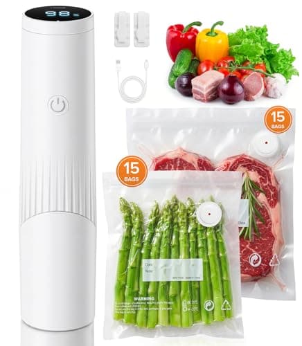 1800mAh Compact Vacuum Sealer for Food, 80kPa Powerful Handheld Vacuum Sealer Machine with 30 Reusable Bags, LCD-Display, Visible Water Tank, Portable Cordless Food Sealer for Meal Prep & Camping