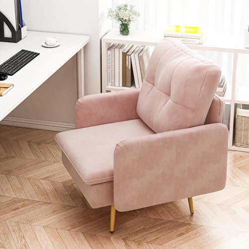 AWQM Velvet Reading Chair, Pink Upholstered Accent Chair with Armrest, Modern Living Room Armchair Sofa Chair with Gold Legs, Leisure Club Tub Couch for Bedroom, Dorm Room, Studio