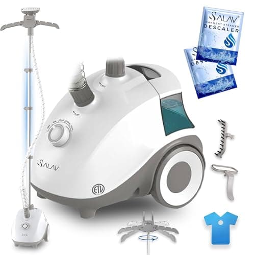 SALAV® Standing Steamer for Clothes, 1500W Powerful Garment Steamer with Roll Wheels, 4 Steam Settings, High Efficiency Stainless Steel Plate, with Limescale Remover Descaler Packets
