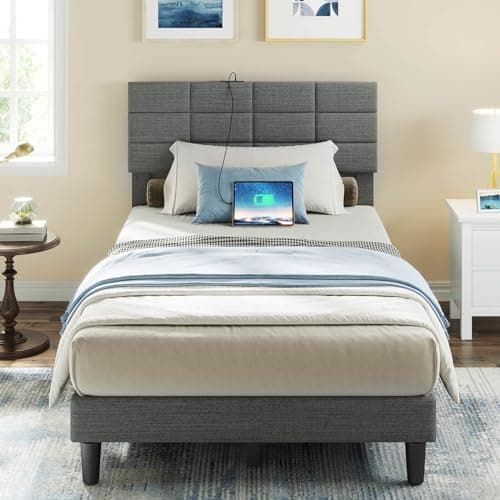 Seventable Twin Bed Frame with Headboard, Grey