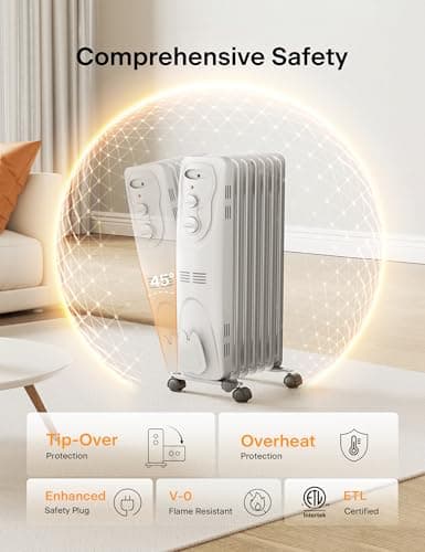 PELONIS Radiator Heater for Large Space, Electric Oil Filled Radiator, Dual Knobs, 1500W, Quiet Space Heater, 3 Modes, Tip-over Protection 5