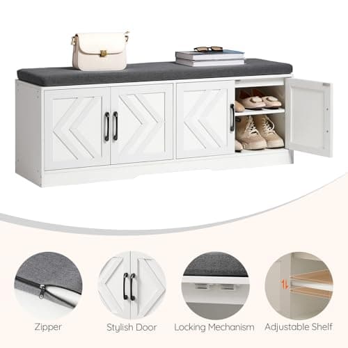 HOOBRO Shoe Storage Bench, Extra Long Mudroom Bench with Shoe Storage, Entryway Bench with Large Capacity, 2-Tier Shoes Rack with Padded Seat Cushion, 4 Barn Doors, Adjustable Shelves, WG120HX01 7