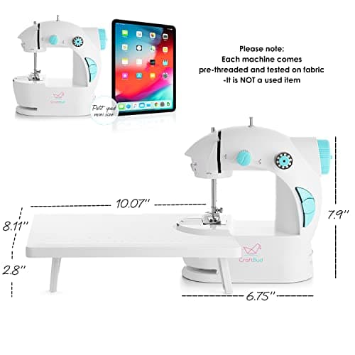 CraftBud Mini Sewing Machine for Beginners, Dual Speed Small Portable Sewing Machine for Kids and Adults with Extension Table, 48 Piece Gift Set Includes, Pedal, Projects Book, Light and More, White 9