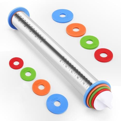 Rolling Pin with Adjustable Thickness Rings for Baking,Stainless Steel Dough Roller,Baking Supplies for Cookie Fondant Pizza Cake Pasta