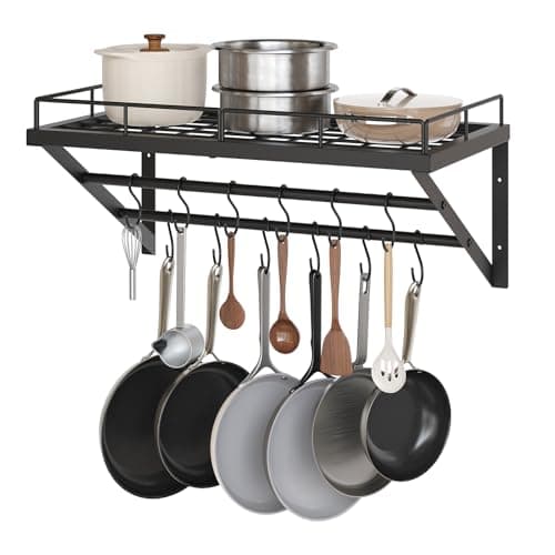 YATINEY Wall Mounted Pot Rack, 23.8 Inch Pot and Pan Organizer with 2 Tier Hanging Rails, 12 S-Hooks, Metal Pot Rack for Kitchen Cookware Organizer, Space Saving, for Kitchen Utensils, Black PR01BK