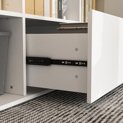 Homsee Electric Height Adjustable Standing Desk with Storage Cabinet, U-Shaped Computer Desk with Drawer & Open Shelves for Home Office, Workstation Desk for Writing Study Work Executive, White 5