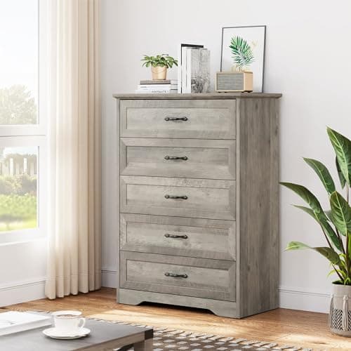 GarveeHome 5 Drawers Dresser for Bedroom,Chest of Drawers with Wide Metal Handle,Farmhouse Modern Wooden Tall Dresser,Natural Texture,Storage Organizer Dresser for Bedroom,Living Room,Kids Room(Grey)