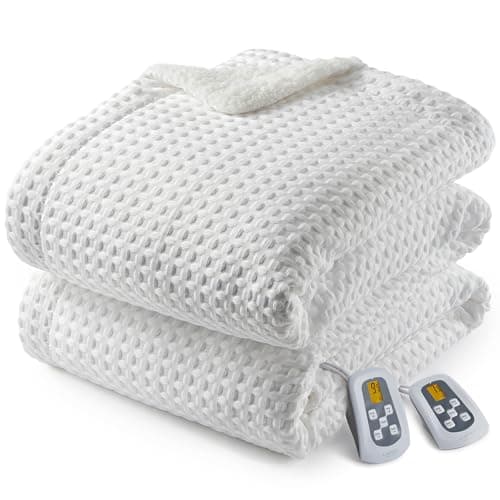 CAROMIO Heated Blanket King Size with LCD Dual Controller, Waffle Weave Fast Heating Electric Blankets, 10 Heat Levels & 1-12H Time Settings, ETL Certified, Machine Washable, Off White, 100" x 90"