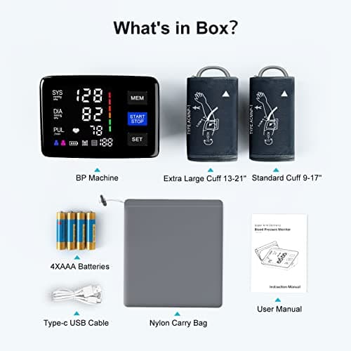 Blood Pressure Monitor, 9-17'' & 13-21'' Extra Large Blood Pressure Cuff Upper Arm, LED Color Backlit Screen Automatic Digital Blood Pressure Machine with USB Cable and 4 AAA Batteries 7