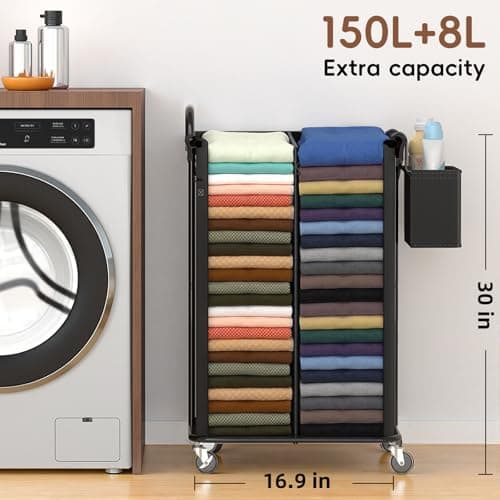 150L Rolling Laundry Hampers on Wheels, 3 Section Laundry Basket with wheels with Side Bag for Dirty Clothes, Dorm Room Organization 5