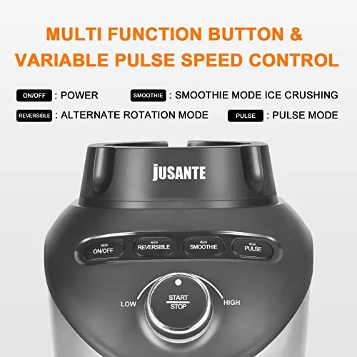 JUSANTE Blender with 64 oz Glass Jar - 1200W High Speed Juicer Blender for Smoothies, Shakes & Frozen Drinks (Black) 5