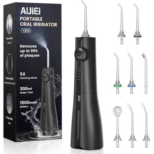 AUIEI Water Flosser Pick for Teeth & Braces, 300ML Cordless Power Dental Flossers with 8 Jet Tips, Oral Irrigator 5 Pressure, IPX7 Waterproof, Portable for Home Travel