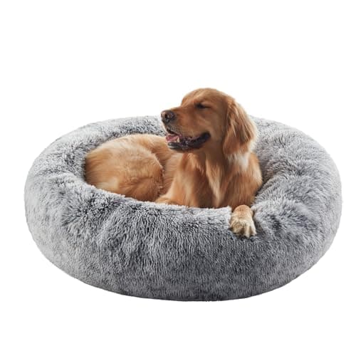 BedStill 36 inches Donut Dog Bed for Large Dogs - Calming Fluffy Round Pet Bed with Removable & Washable Cover,Fits up to 80 lbs Pets (Dark Grey,Large)